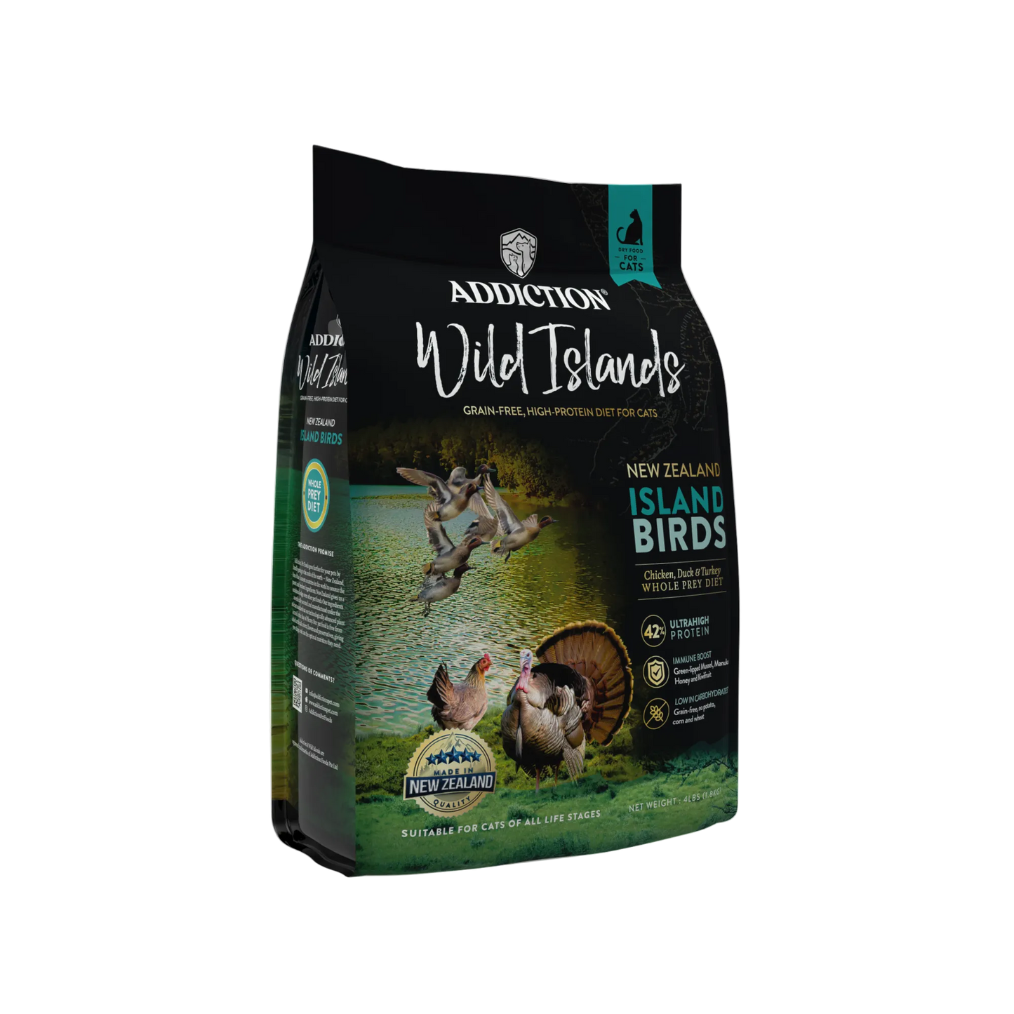 Addiction Wild Islands New Zealand Island Birds cat food package on a white background