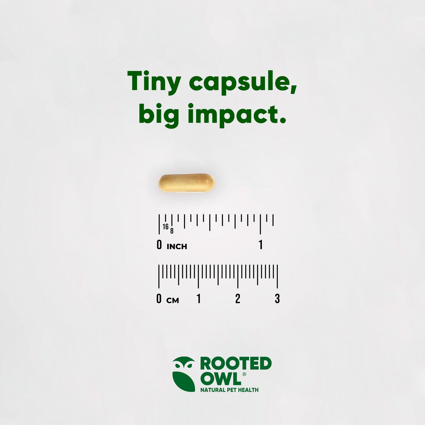 Tiny capsule with a ruler for scale and 'Rooted Owl' branding on a white background