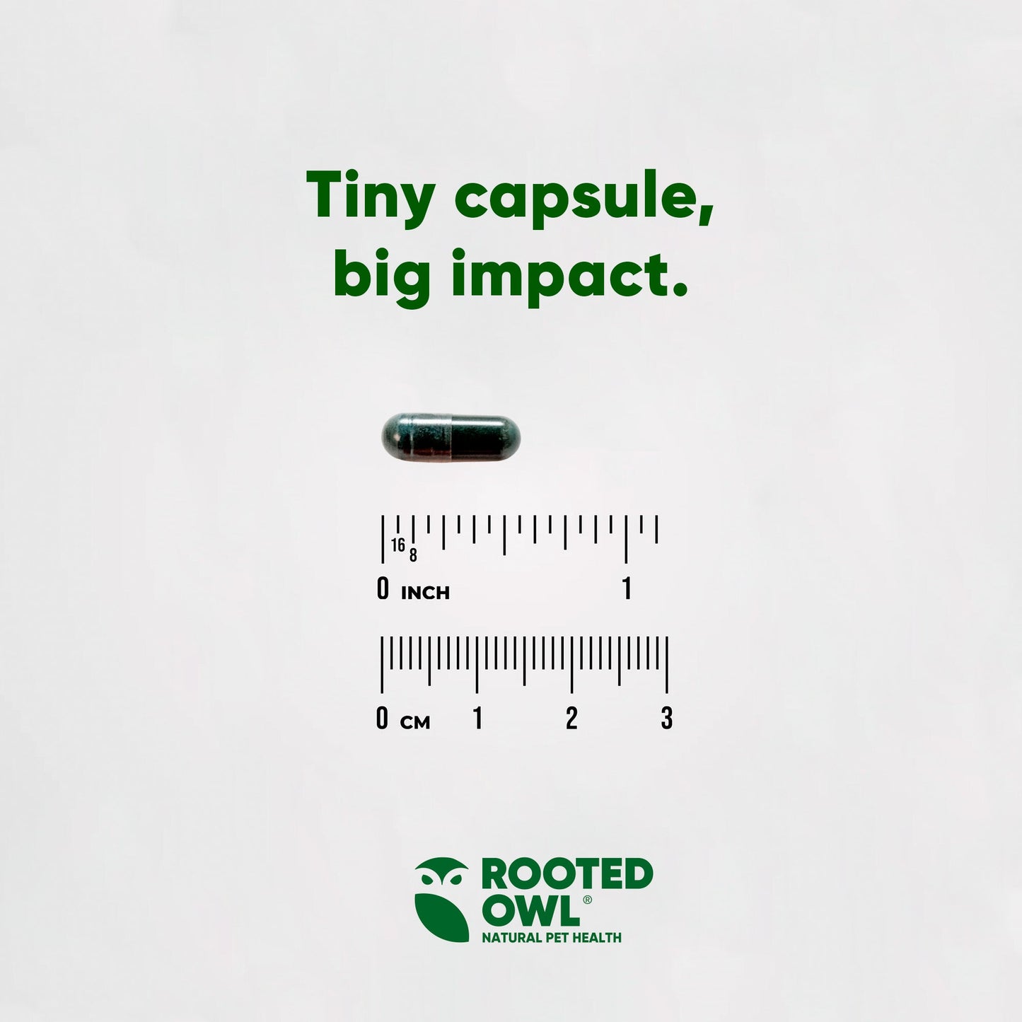 Capsule with measurement scale and 'Rooted Owl' logo on a white background