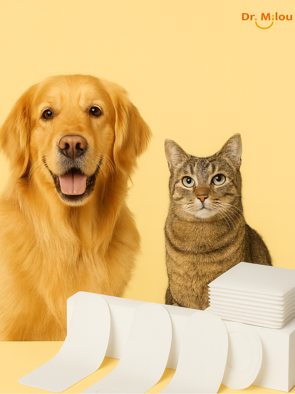 Dog and cat with toilet paper on a yellow background, featuring Dr. Mélou brand.