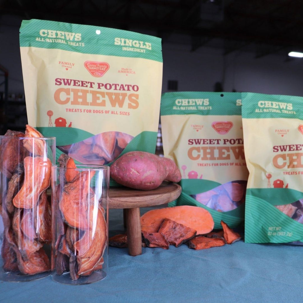 Sweet potato chews with packaging on a blue surface