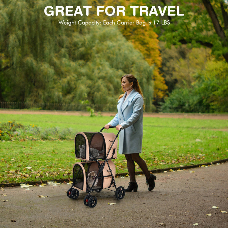 Woman pushing a pet stroller in a park with text about travel capacity.