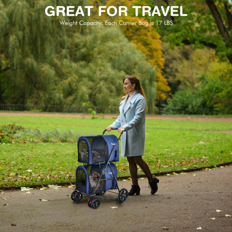 Woman pushing a blue pet stroller with a dog in a park, text 'Great for Travel' and weight capacity information.