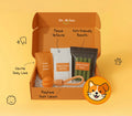 Dr. Mjou pet care product set with packaging on a yellow background
