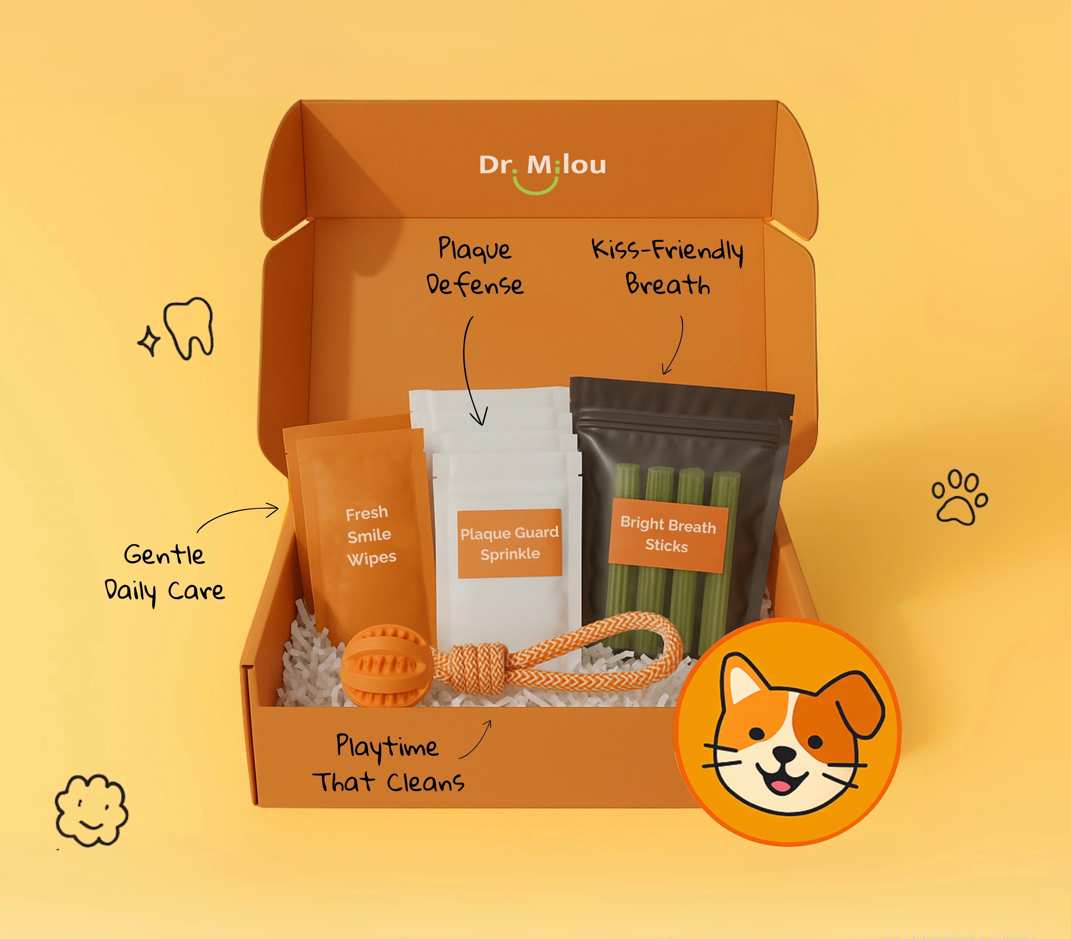 Dr. Mjou pet care product set with packaging on a yellow background