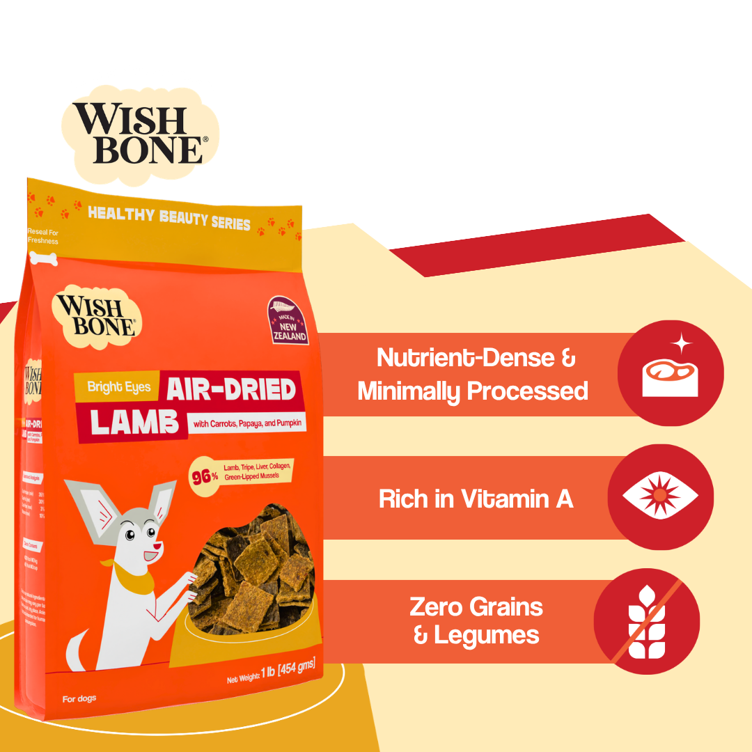 Wish Bone air-dried lamb dog food package with product features on a white background