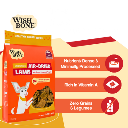 Wish Bone air-dried lamb dog food package with product features on a white background