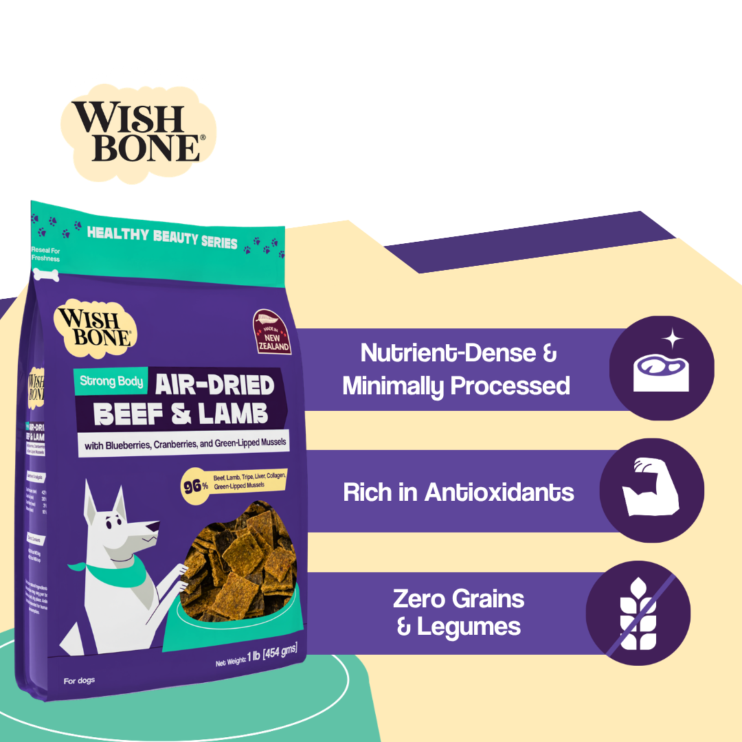 Wish Bone air-dried beef and lamb dog food package with product features on a white background