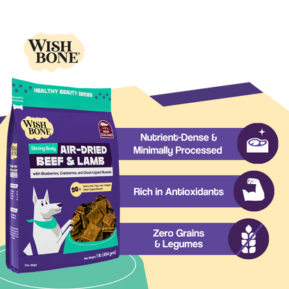Wish Bone air-dried beef and lamb dog food package with product features on a white background