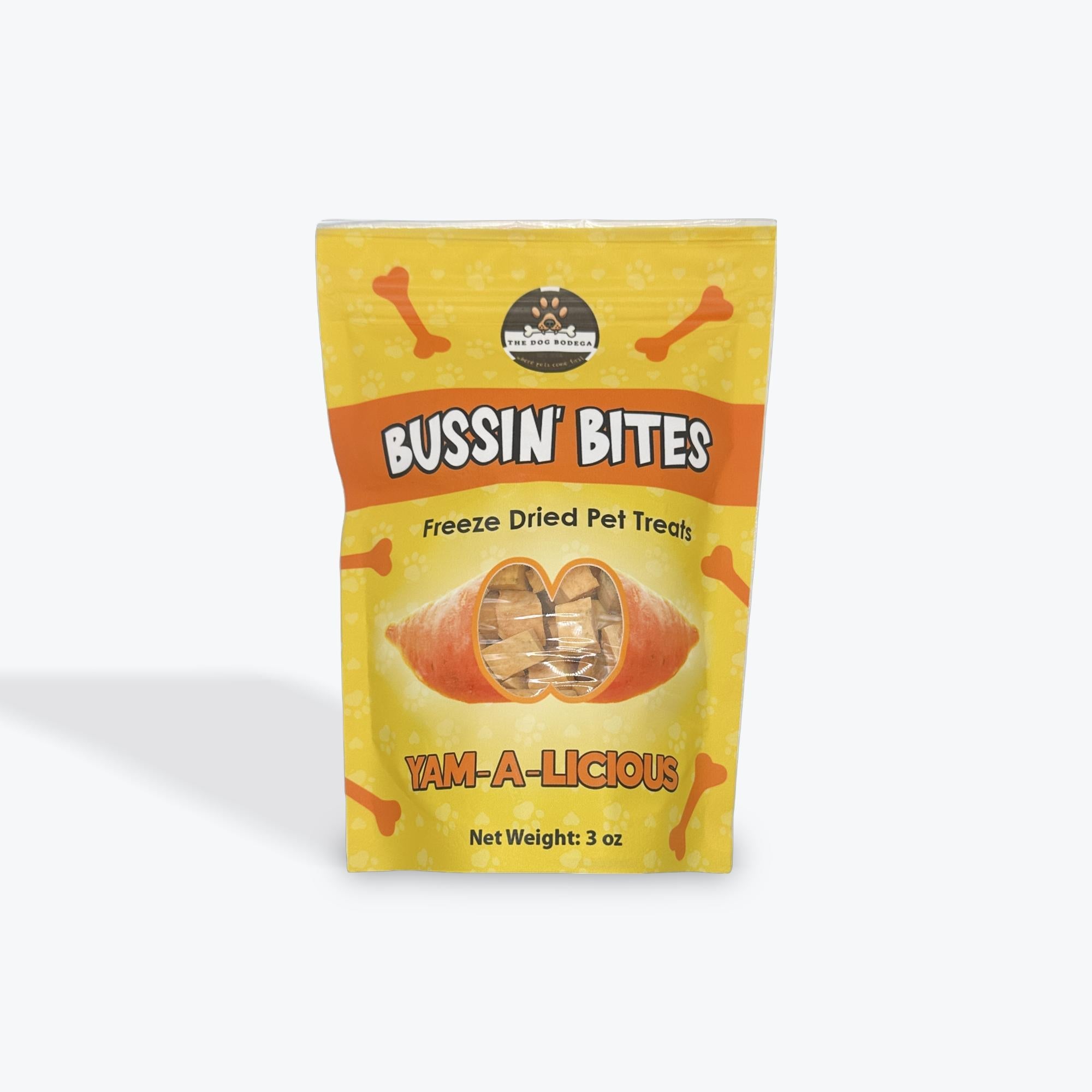 Packaging of Bussin' Bites Yam-A-Licious freeze-dried pet treats on a white background