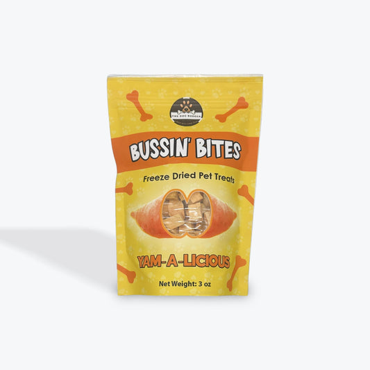 Packaging of Bussin' Bites Yam-A-Licious freeze-dried pet treats on a white background