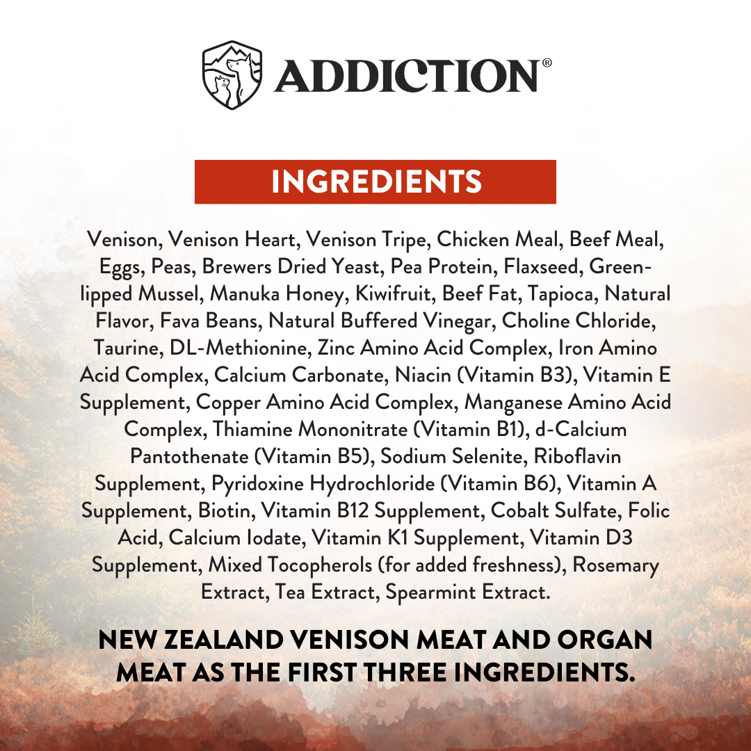 Ingredients list for a pet food product with 'Addiction' branding on a textured background.