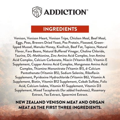 Ingredients list for a pet food product with 'Addiction' branding on a textured background.