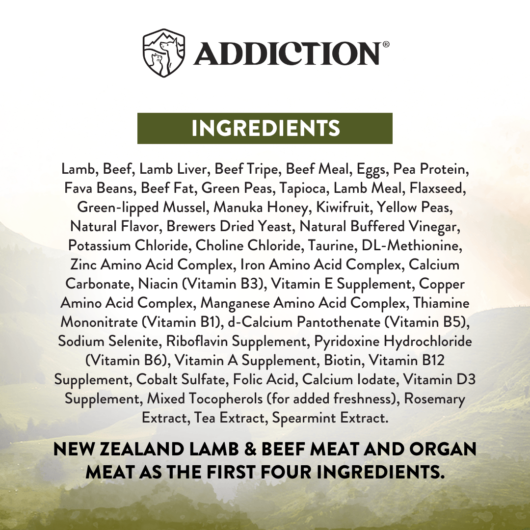 Ingredients list for a pet food product with 'Addiction' branding on a white background.