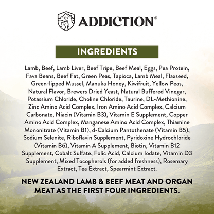 Ingredients list for a pet food product with 'Addiction' branding on a white background.