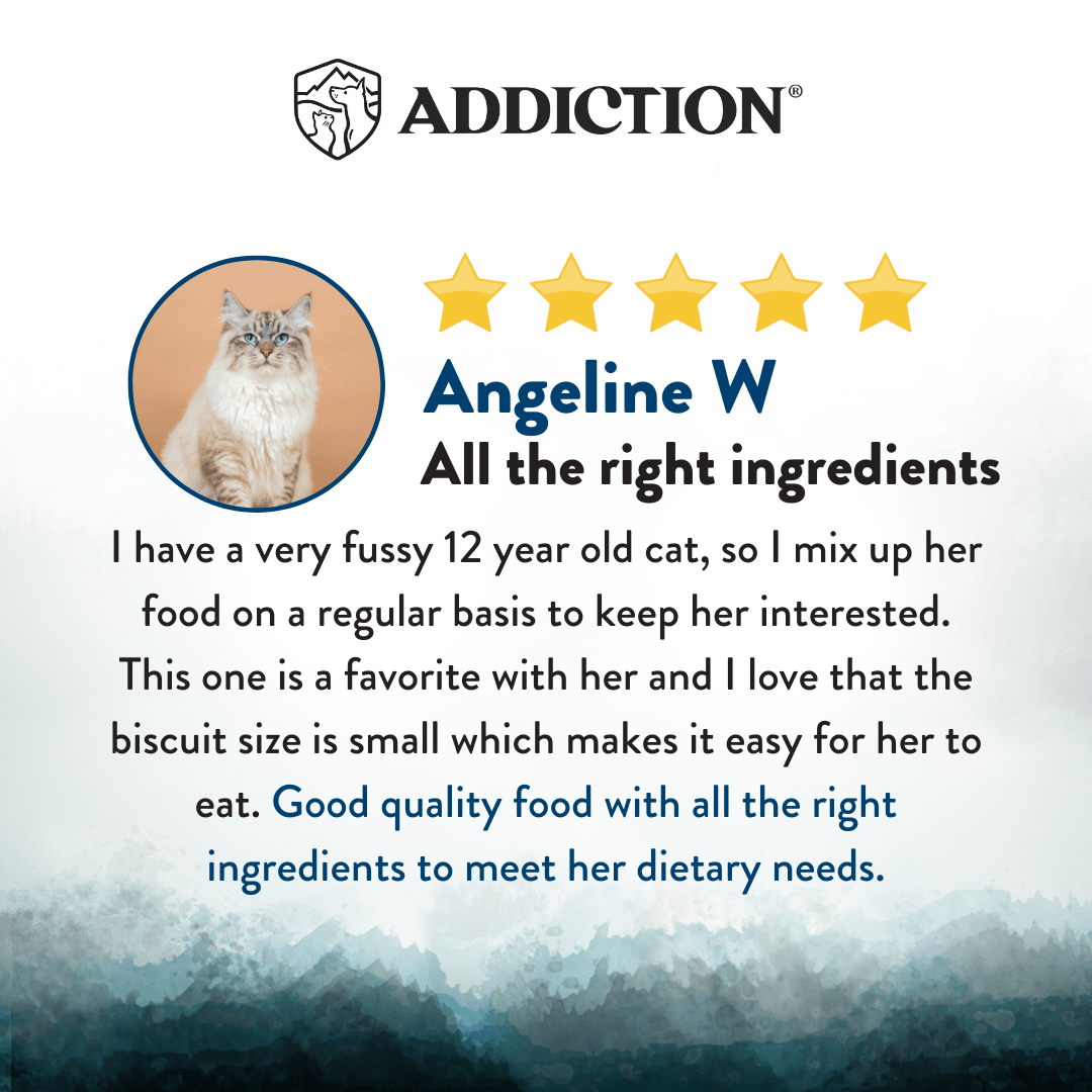 Product review for cat food with a star rating and customer feedback.