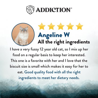 Product review for cat food with a star rating and customer feedback.