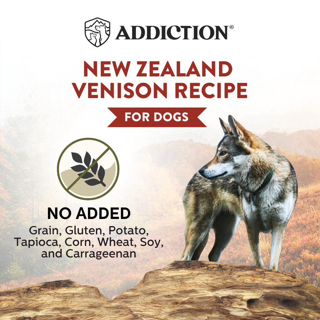 Dog food product advertisement for New Zealand Venison recipe with a wolf on a rock.
