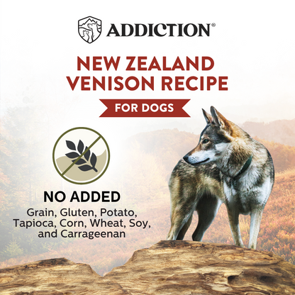 Dog food product advertisement for New Zealand Venison recipe with a wolf on a rock.