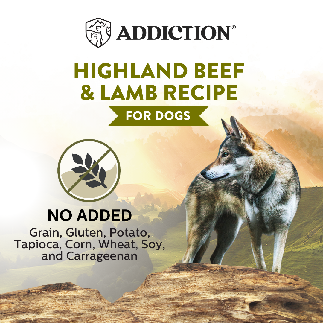 Dog food product label for Highland Beef & Lamb Recipe with a wolf on a mountain background.