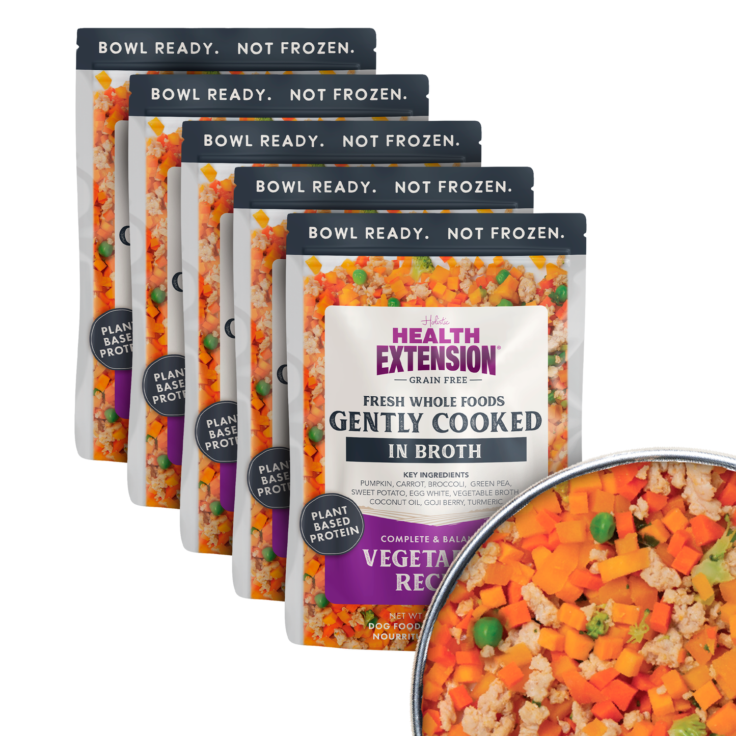 Health Extension pet food packages with a close-up of the product.