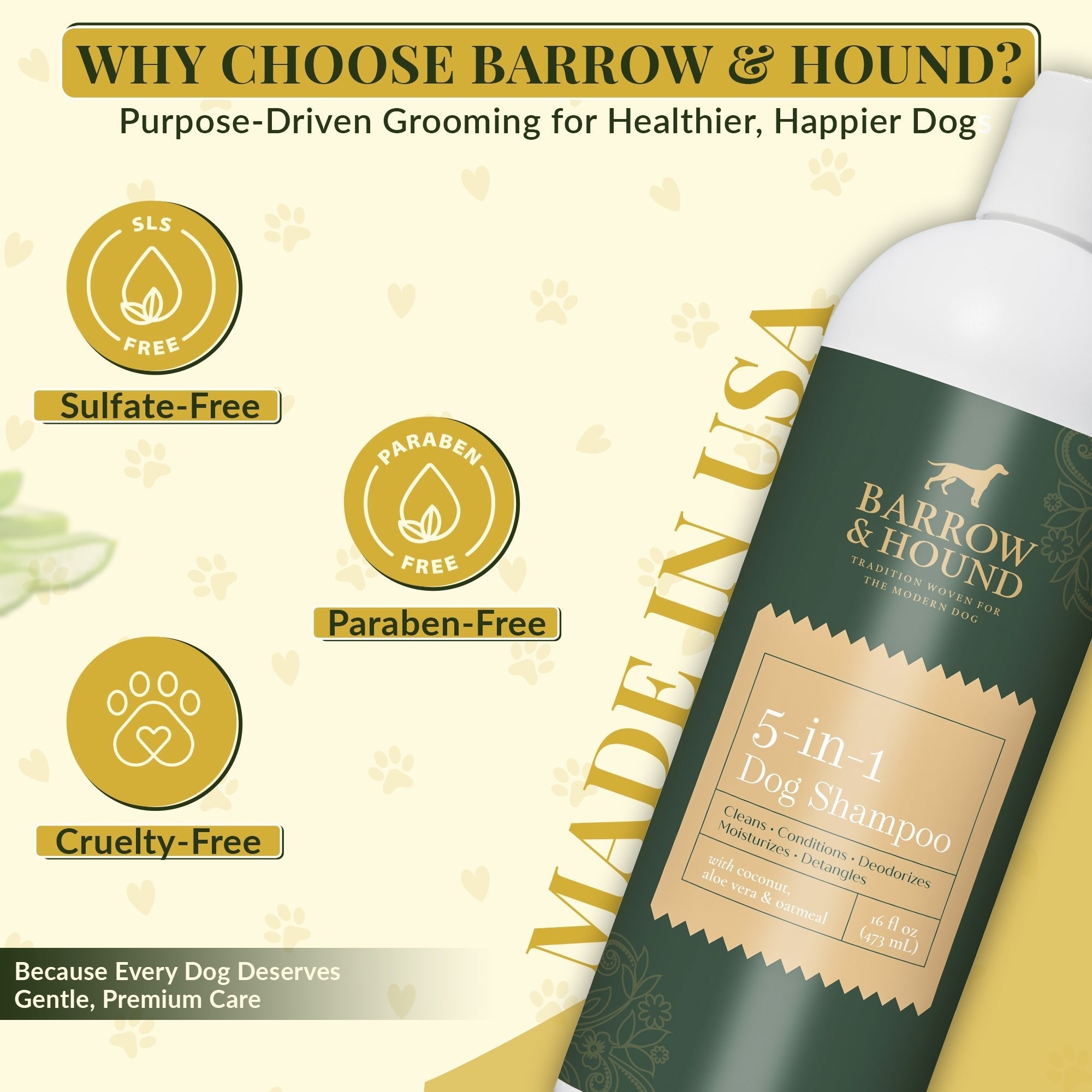 Barrow & Hound 5-in-1 Dog Shampoo bottle with product features on a light background