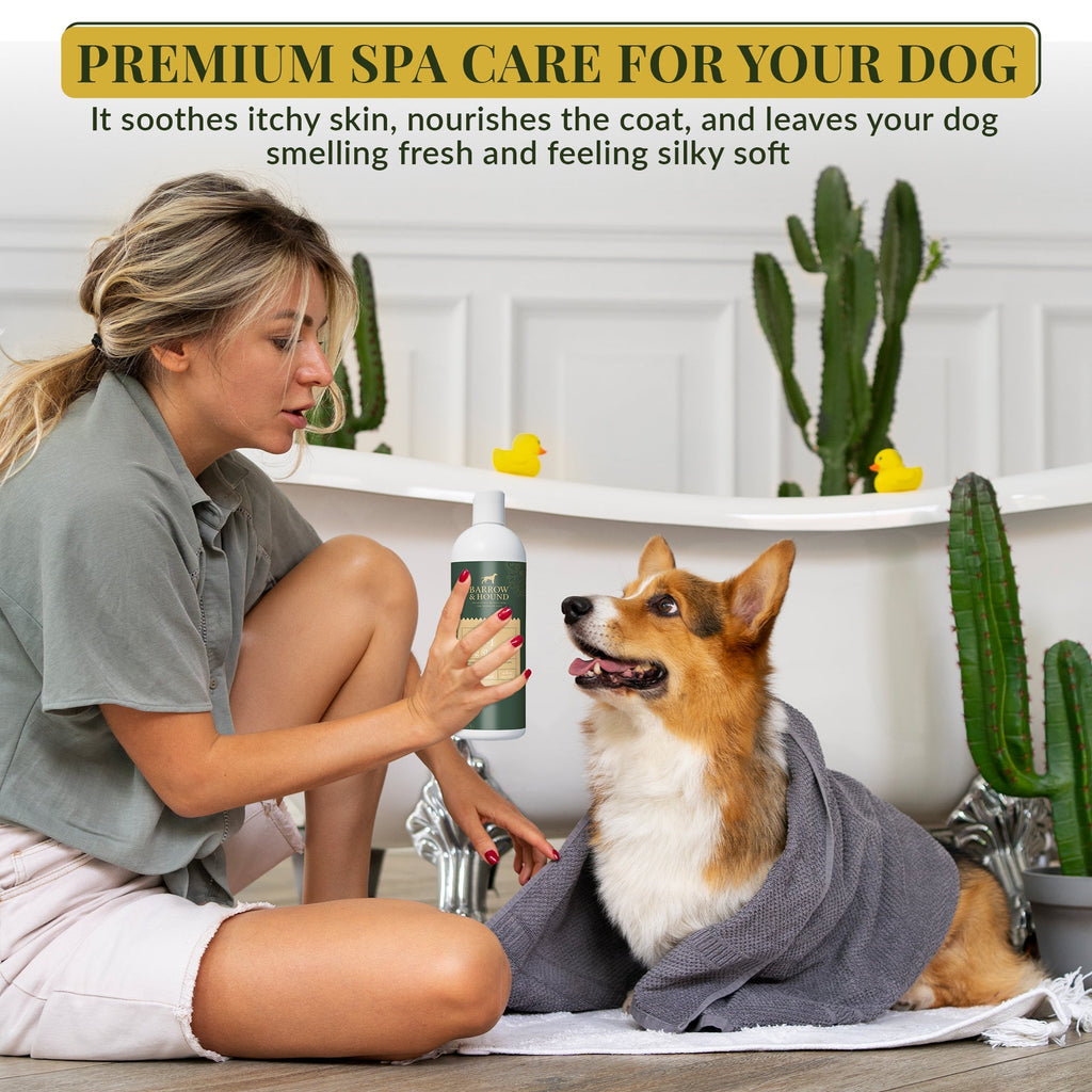 Woman with a dog in a spa setting, holding a bottle of pet care product.
