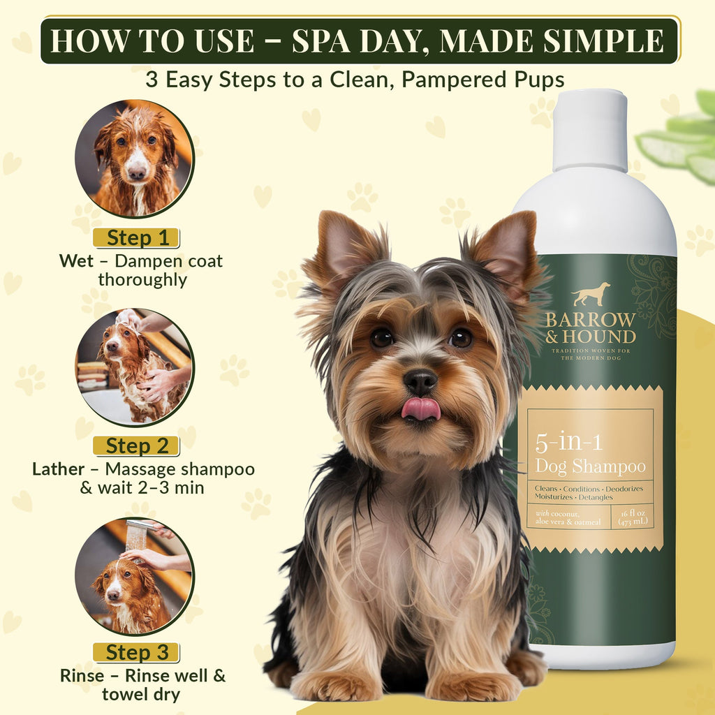 Dog shampoo bottle with usage instructions and a dog on a light background