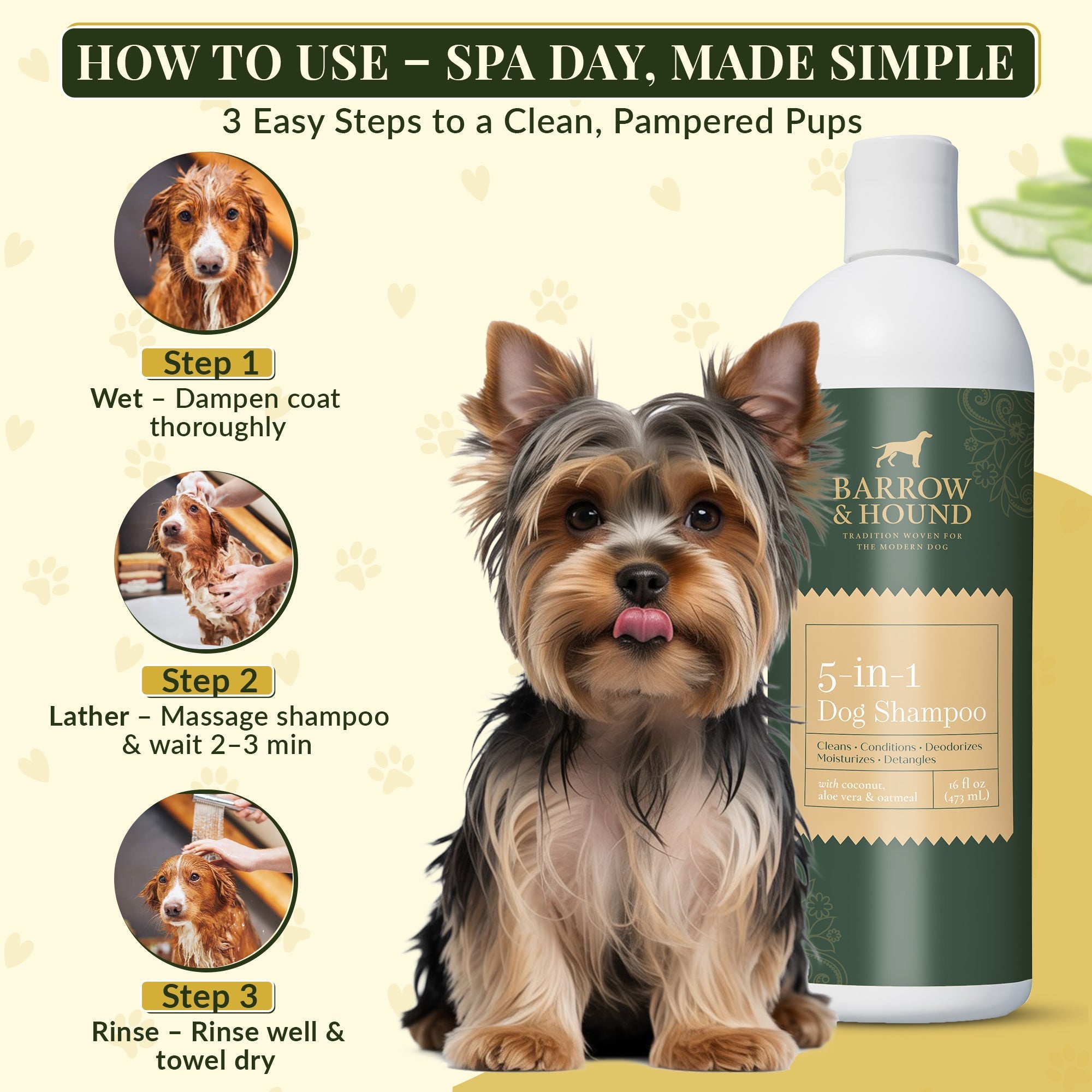 Dog shampoo bottle with usage instructions and a dog on a light background