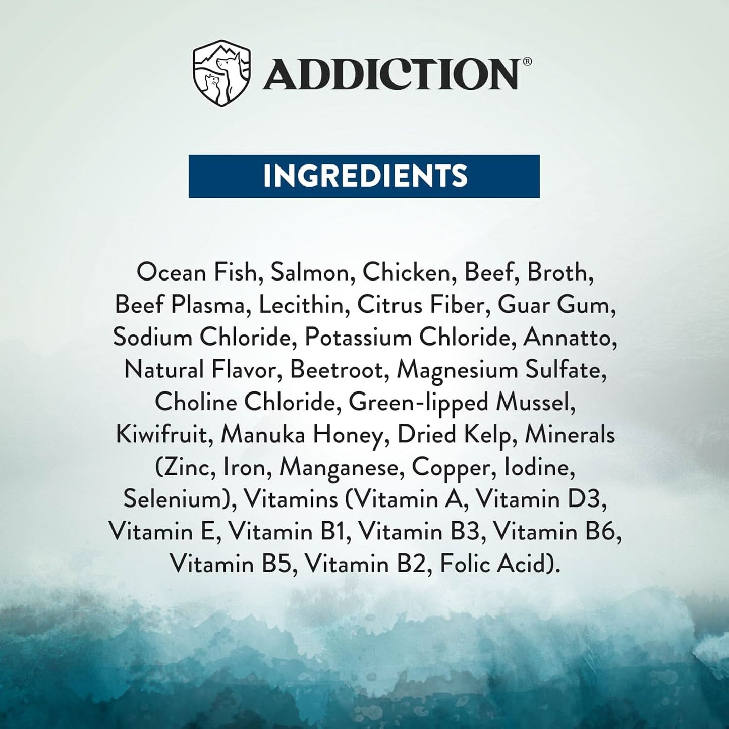 List of ingredients with 'ADDICTION' branding on a blue and gray gradient background