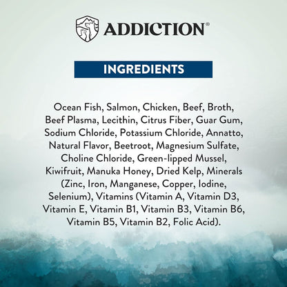 List of ingredients with 'ADDICTION' branding on a blue and gray gradient background
