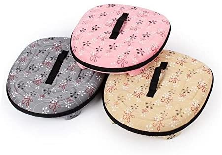 Three floral-patterned seat cushions in pink, gray, and beige on a white background.