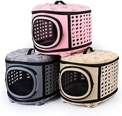 Three pet carriers in pink, gray, and beige on a white background