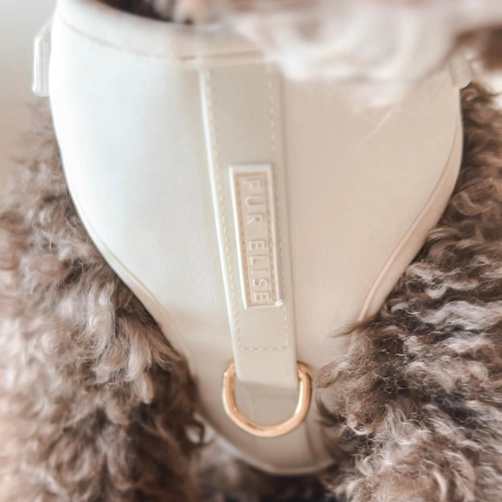 Dog harness with 'PURELISE' branding on a fluffy brown background