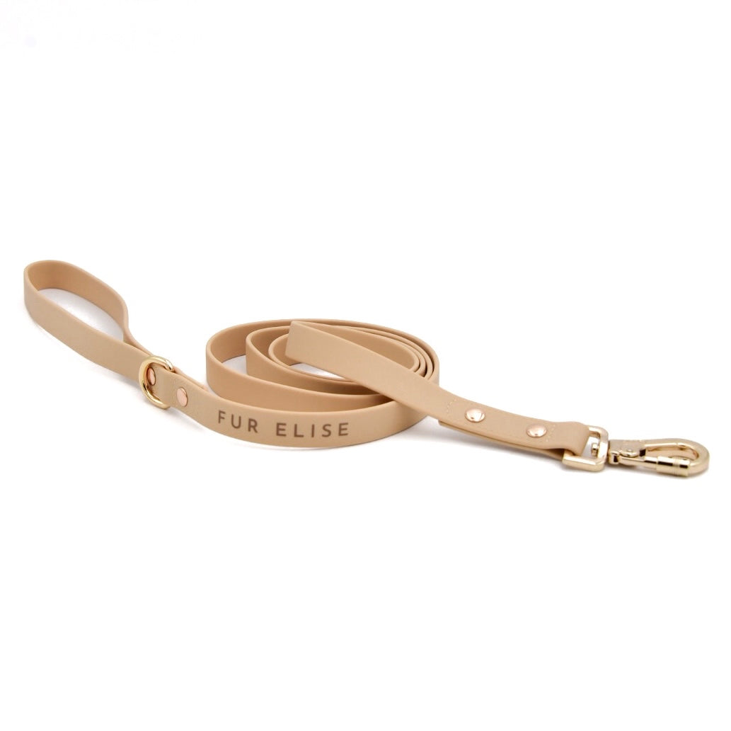Beige dog leash with gold clasp on a white background