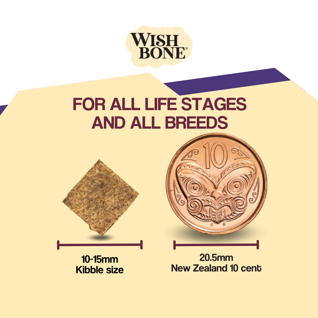 Wish Bone pet food packaging with a comparison to a New Zealand 10 cent coin on a beige background