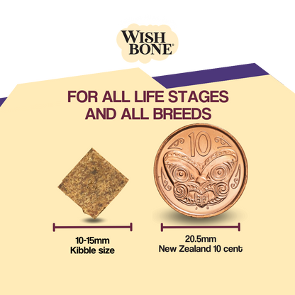 Wish Bone pet food packaging with a comparison to a New Zealand 10 cent coin on a beige background