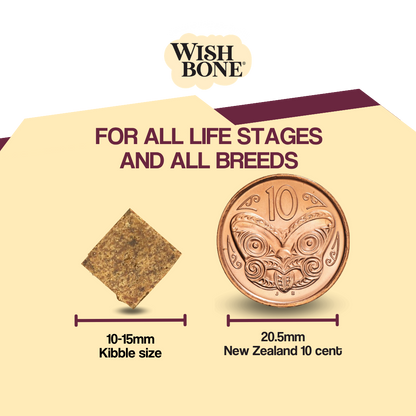 Wish Bone pet food packaging with a comparison to a New Zealand 10 cent coin on a beige background