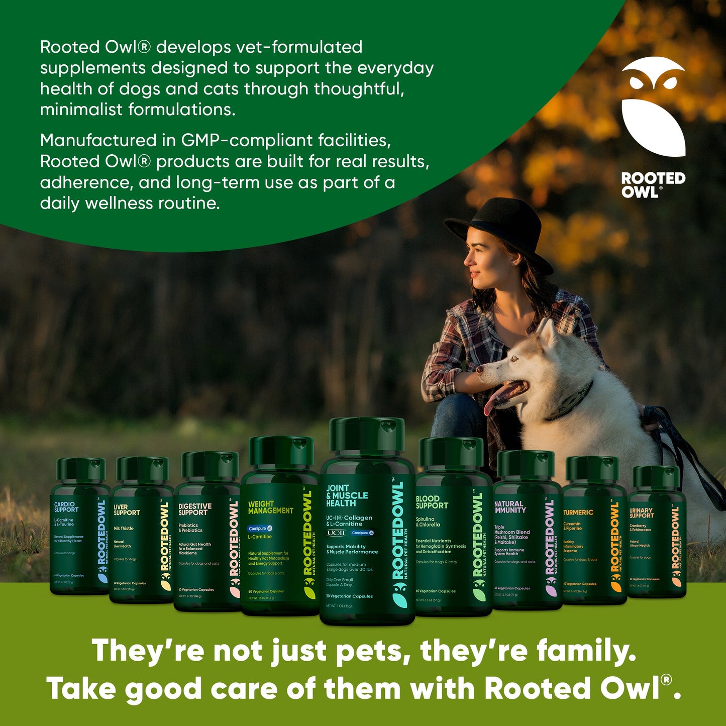 Woman sitting with a dog, surrounded by Rooted Owl supplement bottles, with promotional text about the brand.
