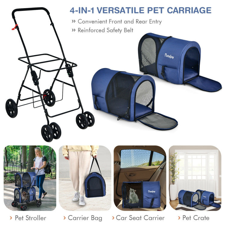 Versatile pet carriage with stroller, carrier bag, car seat carrier, and pet crate features.
