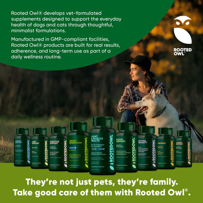 Woman sitting with a dog, surrounded by Rooted Owl supplement bottles, with promotional text about the brand.