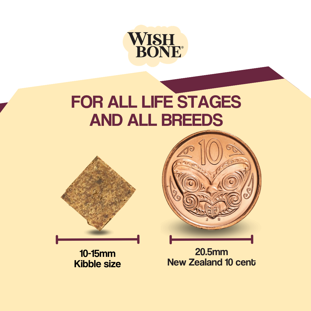 Wish Bone pet food packaging with a comparison to a New Zealand 10 cent coin on a beige background