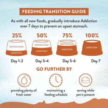 Feeding transition guide for introducing 'addiction' over 7 days with corresponding actions.