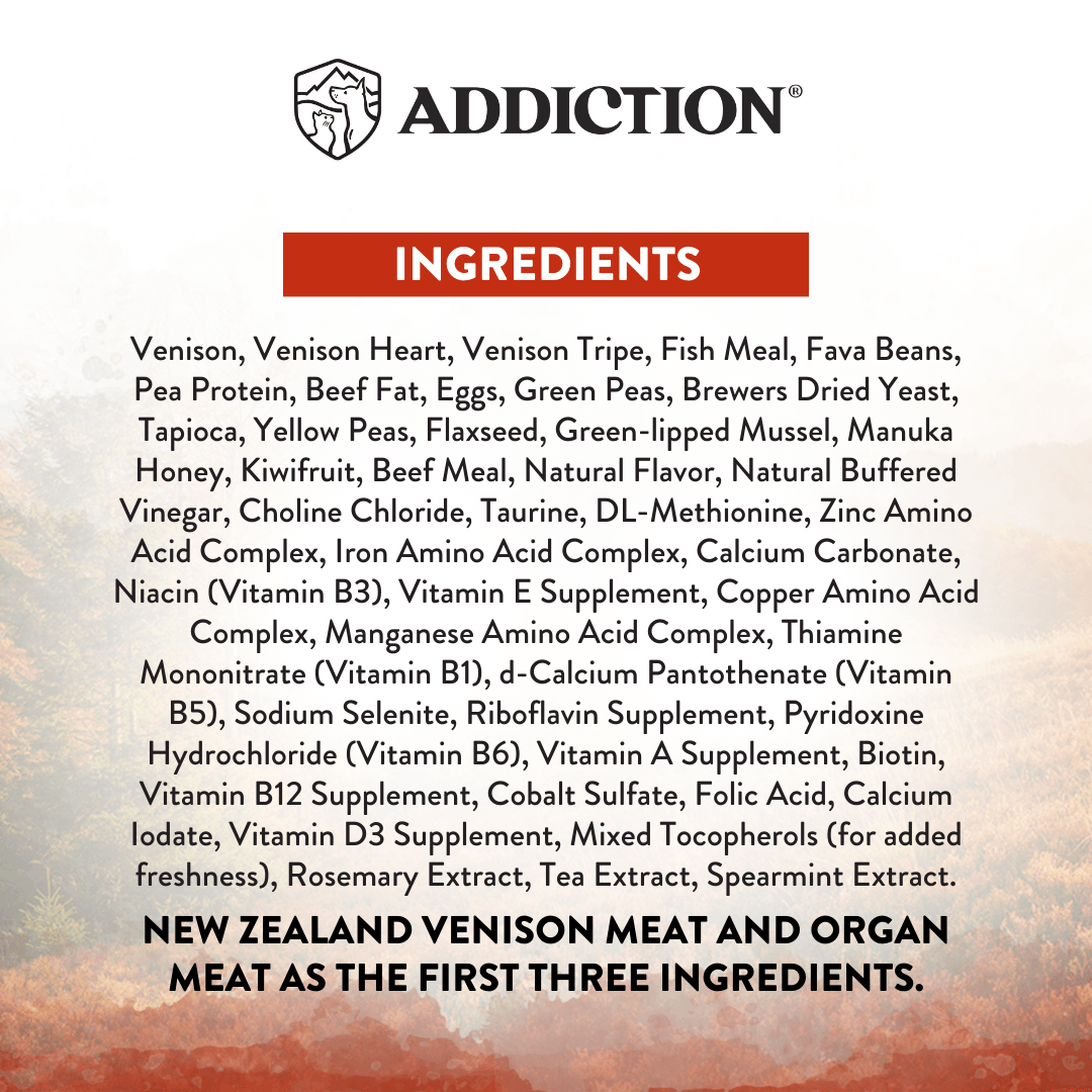 Ingredients list for a pet food product with 'Addiction' brand name.