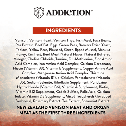 Ingredients list for a pet food product with 'Addiction' brand name.