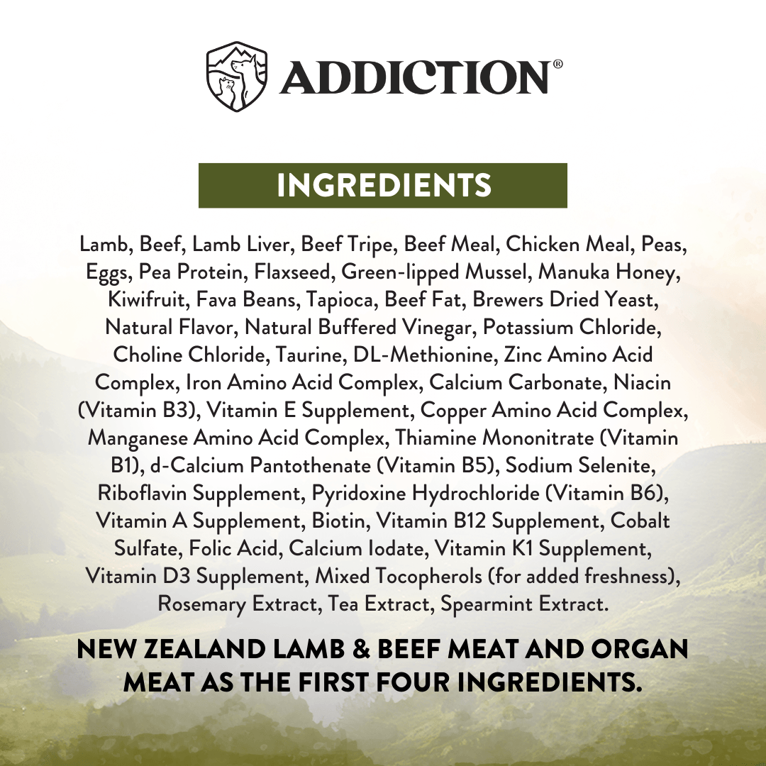 List of ingredients for a pet food product with 'Addiction' branding.