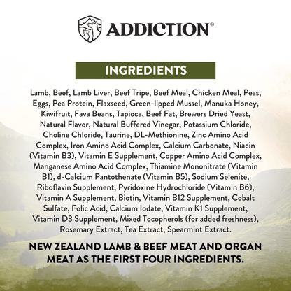 List of ingredients for a pet food product with 'Addiction' branding.