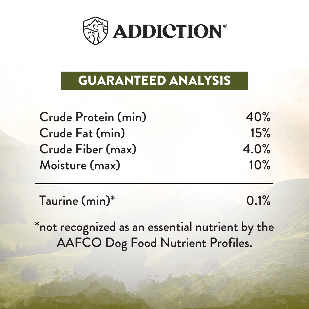 Nutritional analysis label for a pet food product with 'Addiction' branding.