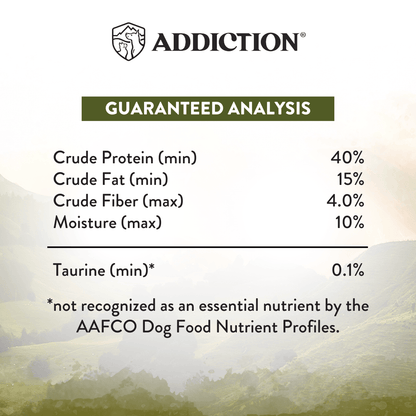 Nutritional analysis label for a pet food product with 'Addiction' branding.