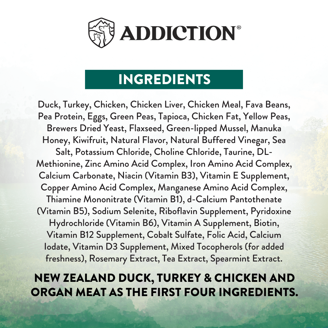 Ingredients list for a pet food product with 'Addiction' branding on a white background.